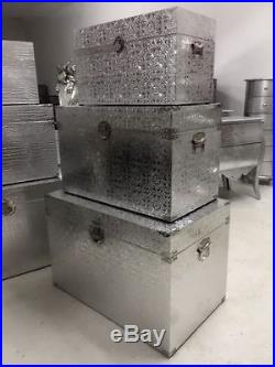 Silver Metal Embossed Large Trunks Set Of 3