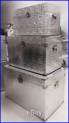 Silver Metal Embossed Large Trunks Set Of 3