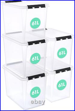 SmartStore 61L Large Plastic Storage Boxes with Lid, 5 Pack, Reinforced, Clear