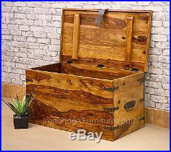 Solid Jali Sheesham Wood New Strap Chest Storage Lockable Trunk Box (Size 4) lrg