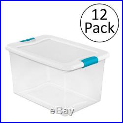 Sterilite 64 Quart Latching Plastic Storage Box, Clear with Blue Latches (12 Pack)