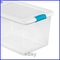 Sterilite 64 Quart Latching Plastic Storage Box, Clear with Blue Latches (12 Pack)
