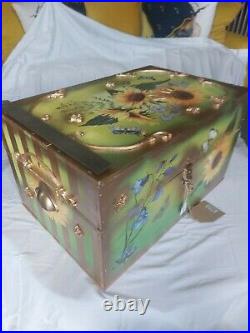 Storage chest recycled champagne box up-cycled with sunflowers brass cup handles