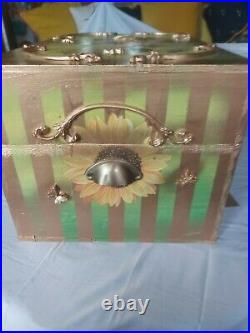 Storage chest recycled champagne box up-cycled with sunflowers brass cup handles