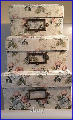 THREE LARGE vintage stackable Storage boxes floral fabric top great condition