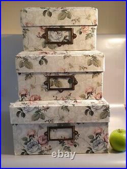 THREE LARGE vintage stackable Storage boxes padded floral fabric top great cond