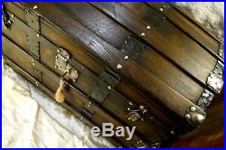 Vintage Large Trunk Polished Domed Pine Chest Storage Blanket Box, Brass Studded