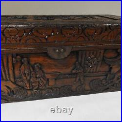 Vintage Oriental Wooden Carved Storage Box Large