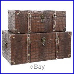 Vintage Storage Chest Trunk Set Large Treasure Leather Box Home 2Pc Coffee Table