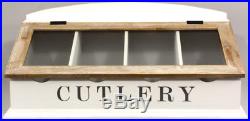Vintage Style Large Wooden Cutlery Storage Box Holder Glass Lid French Shabby