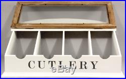 Vintage Style Large Wooden Cutlery Storage Box Holder Glass Lid French Shabby