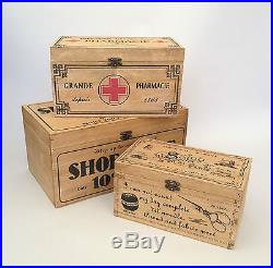 Vintage Wooden Storage Box French First Aid / Shoe Shine / Sewing Shabby Rustic