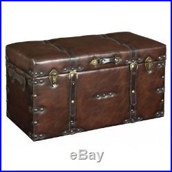 Vintage Wooden Storage Chest Large Faux Leather Trunk Treasure Old Blanket Box