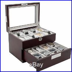 Watch Box Storage 16 Large Watches Cherry Wood Finish with Engravable Fits 64mm