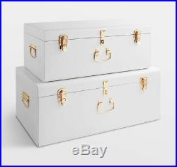 White Metal Storage Box Trunks, Large Set of 2 Gold Handles Bedroom Suitcase New