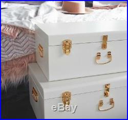 White Metal Storage Box Trunks, Large Set of 2 Gold Handles Bedroom Suitcase New
