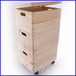 XLarge 3 Wooden Stackable Storage Crates/Boxes With Hinged Lid/Handles & Wheels