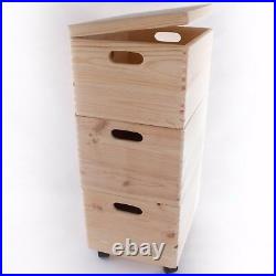 XLarge 3 Wooden Stackable Storage Crates/Boxes With Hinged Lid/Handles & Wheels